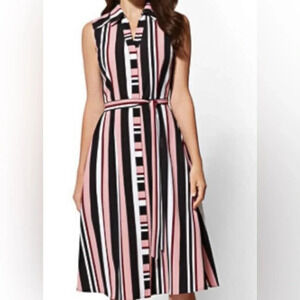 NEW YORK & COMPANY Women’s PINK / Black MULTI STRIPE SLEEVLESS SHIRT DRESS Small